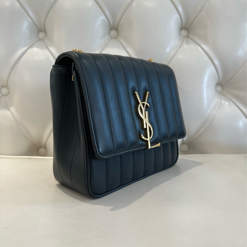 YSL 全皮直紋翻蓋鏈包 綠色-1