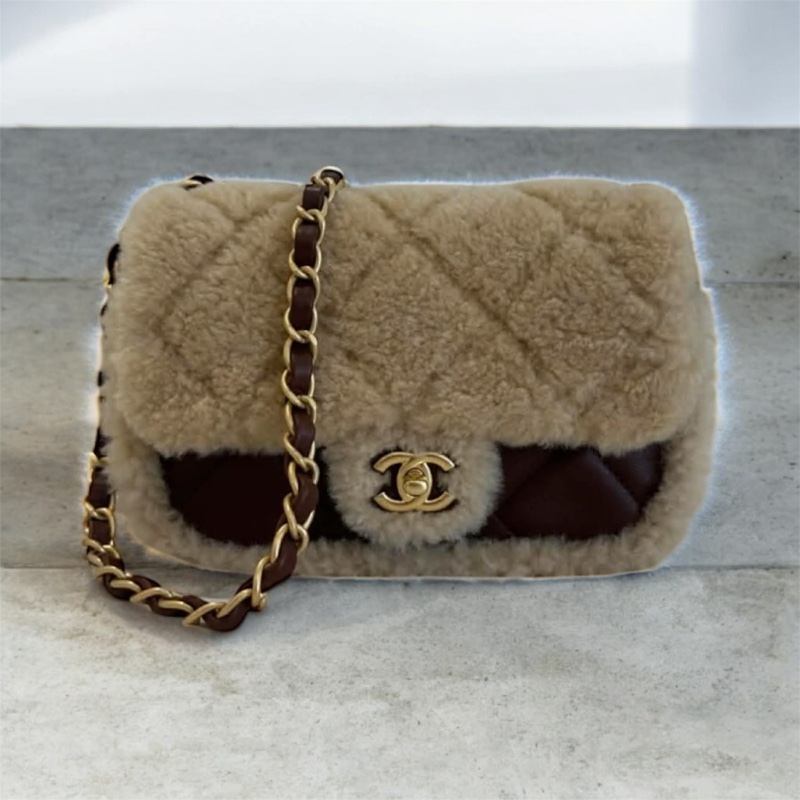 CHANEL 綿羊毛拼接 MINI COCO 深棕色x米色 晶片款-0