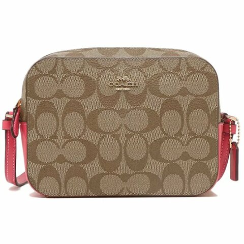 【COACH】滿版LOGO皮革斜背包-卡其桃