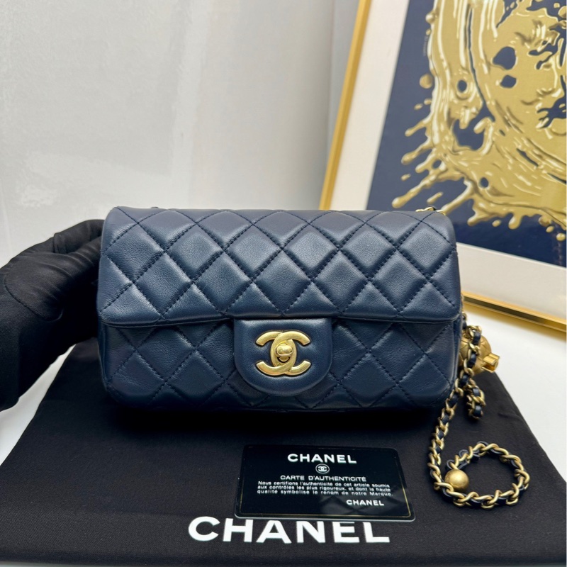 【附卡+防塵袋❤️】Chanel cf 金球大mini 深藍色金扣 手提包 斜挎包 單肩包-0