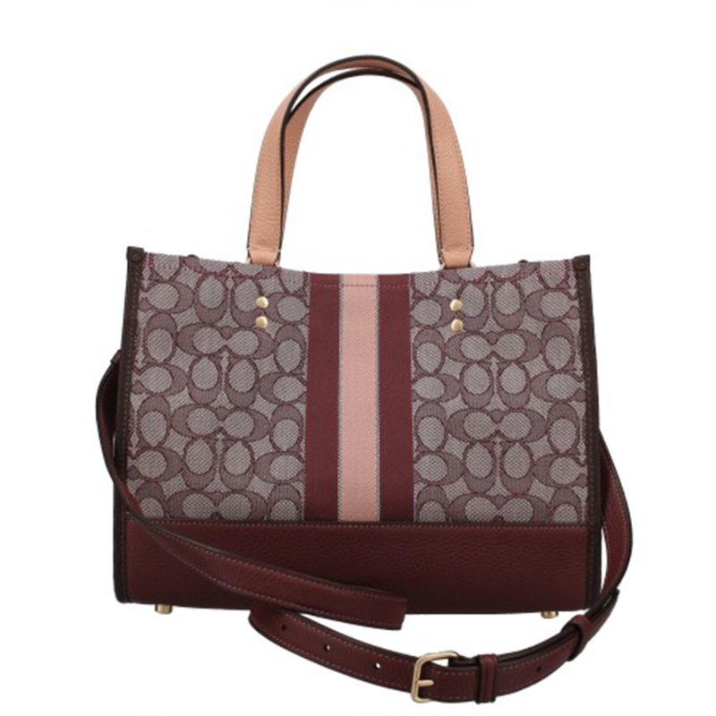 【COACH】提花撞色皮革肩背包-酒紅色-1