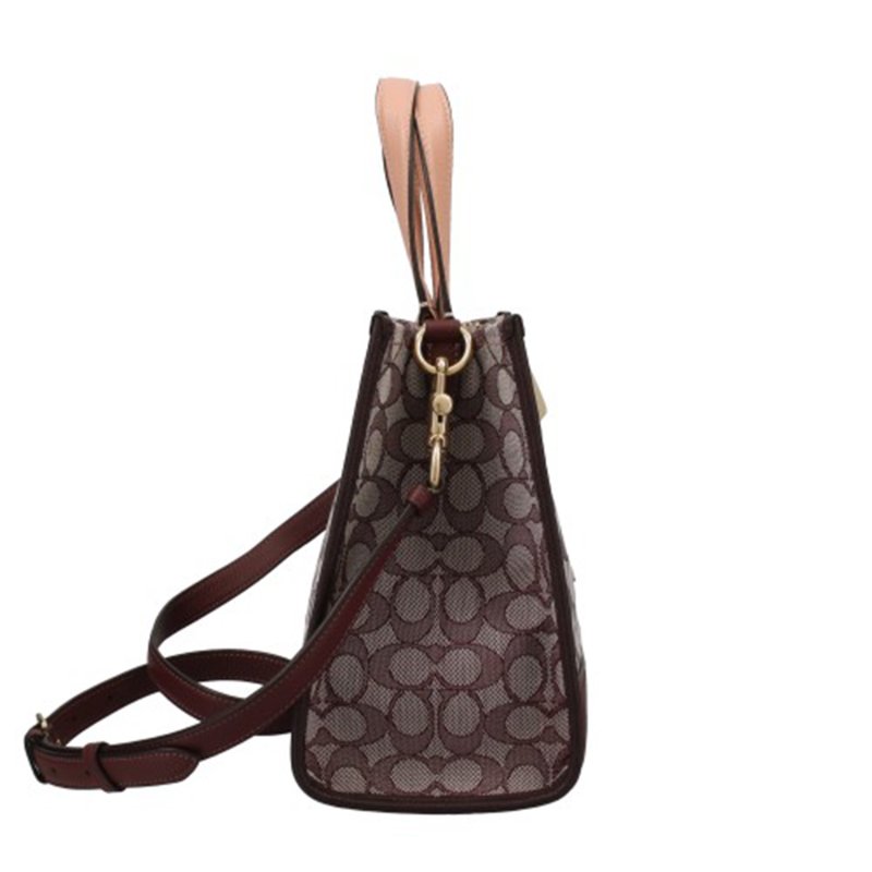 【COACH】提花撞色皮革肩背包-酒紅色-2