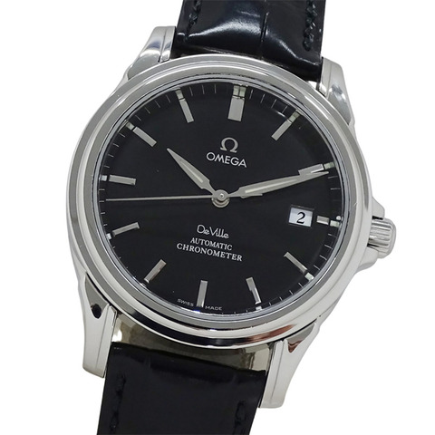 歐米茄碟飛系列 4831.50.31 男士同軸天文台認證日期自動腕錶，不鏽鋼錶殼搭配皮革錶帶，銀黑色拋光