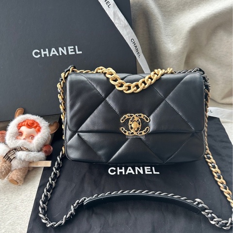 【配件：防塵袋 💕】Chanel 19bag 小號 黑金 黑色 金扣 羊皮 手提 單肩 斜挎