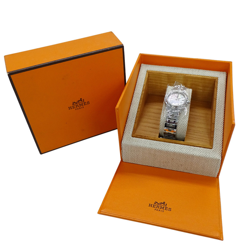 愛馬仕 Clipper 女士腕錶，珍珠粉紅貝殼錶殼，鑲嵌 12 顆鑽石，石英機芯，不鏽鋼錶殼，CL4.230，拋光銀色-6