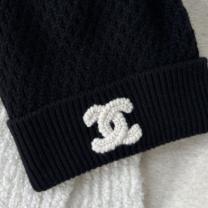 Chanel 23B 黑色 白色 立體雙C 針織 毛線帽 冷帽-2