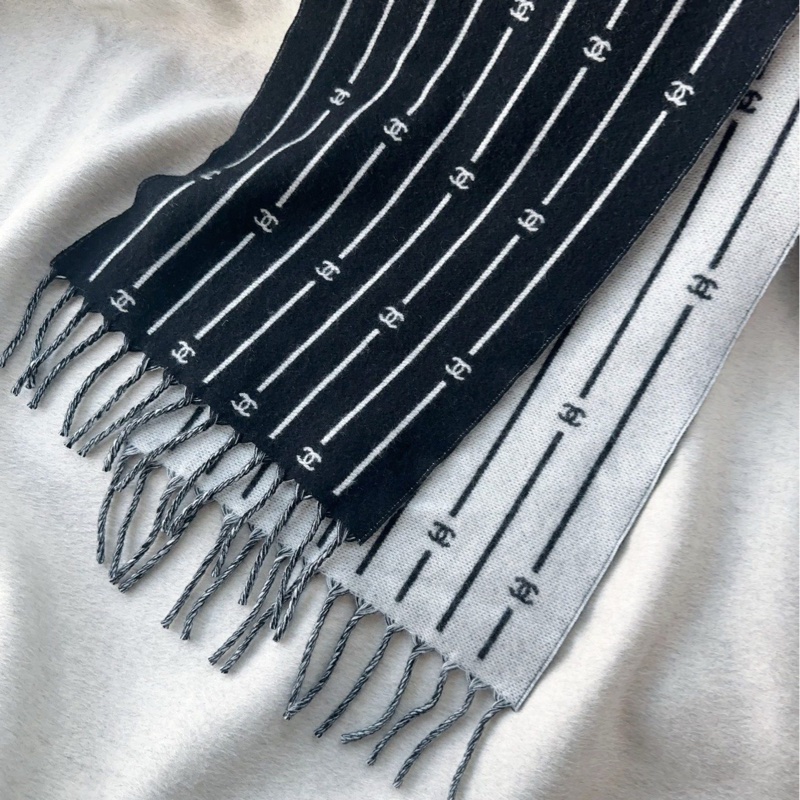 Chanel 黑色 灰色 雙面 流蘇 圍巾 披肩-0