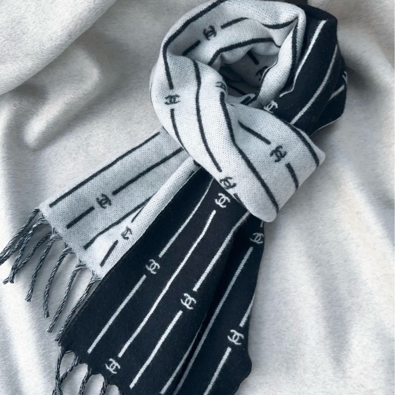 Chanel 黑色 灰色 雙面 流蘇 圍巾 披肩-1