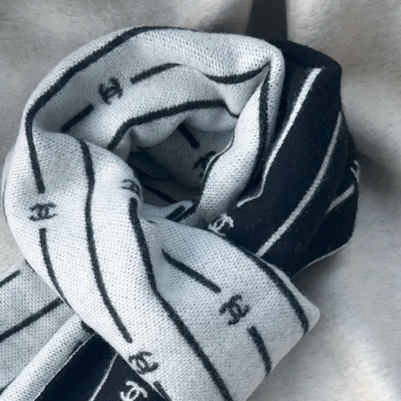 Chanel 黑色 灰色 雙面 流蘇 圍巾 披肩-2