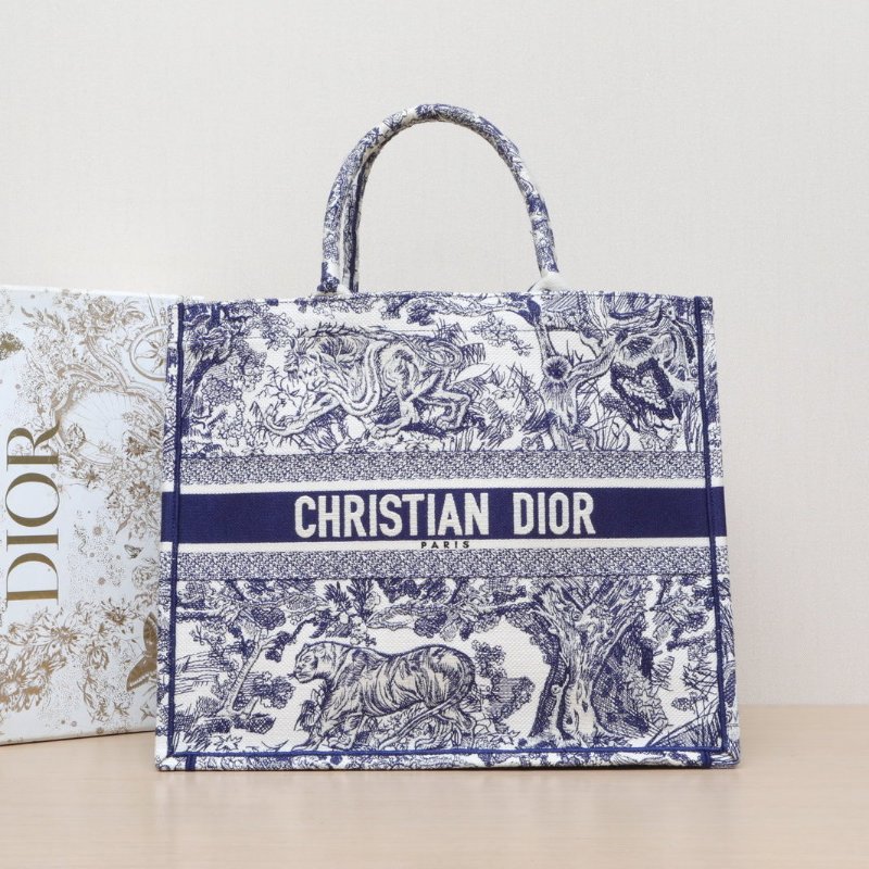 DIOR BookTote大號42藍色帆布2020動物園老虎刺繡肩背包-0