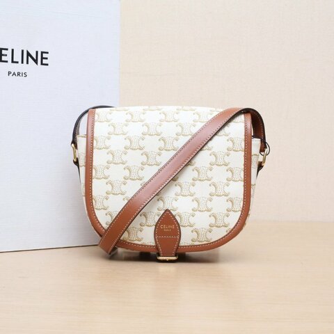 CELINE Folco馬鞍包中號凱旋門印花白色人造革肩背包
