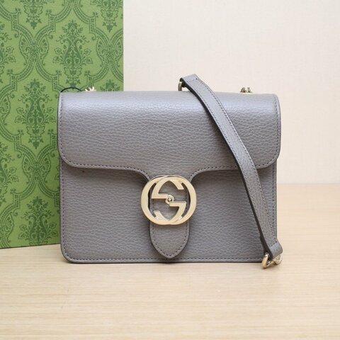 GUCCI Interlock風琴包小號20灰色牛皮淺金扣肩背包