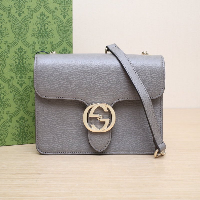 GUCCI Interlock風琴包小號20灰色牛皮淺金扣肩背包-0