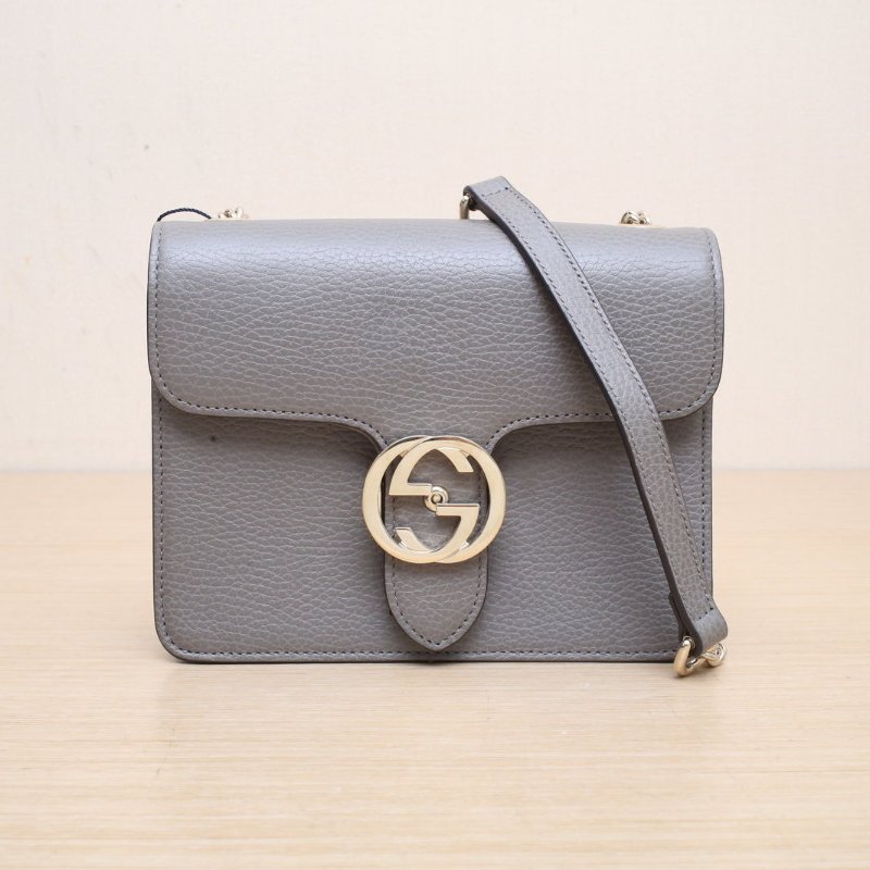 GUCCI Interlock風琴包小號20灰色牛皮淺金扣肩背包-1