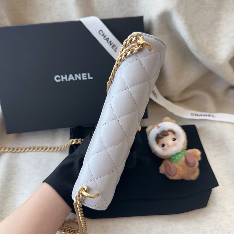 【配件:盒子 防塵袋 💕】Chanel 25p woc 灰色 淺灰色 金扣 山茶花金球 羊皮 手提 單肩 斜挎-4