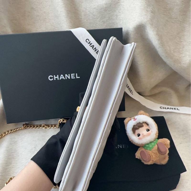 【配件:盒子 防塵袋 💕】Chanel 25p woc 灰色 淺灰色 金扣 山茶花金球 羊皮 手提 單肩 斜挎-5