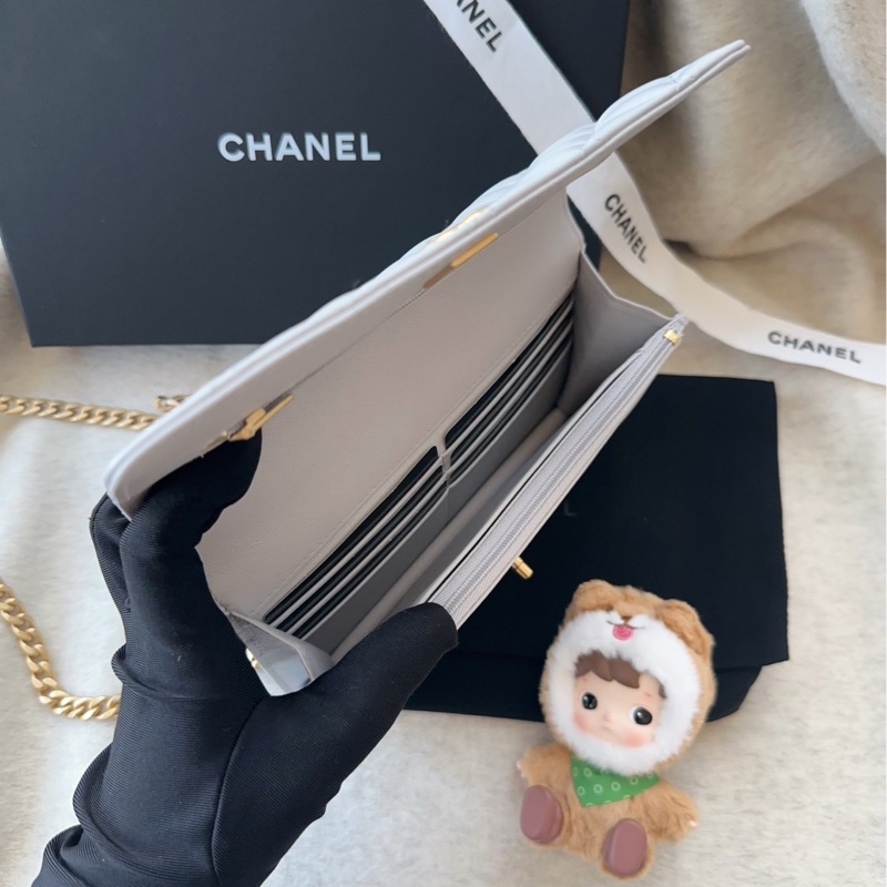 【配件:盒子 防塵袋 💕】Chanel 25p woc 灰色 淺灰色 金扣 山茶花金球 羊皮 手提 單肩 斜挎-6