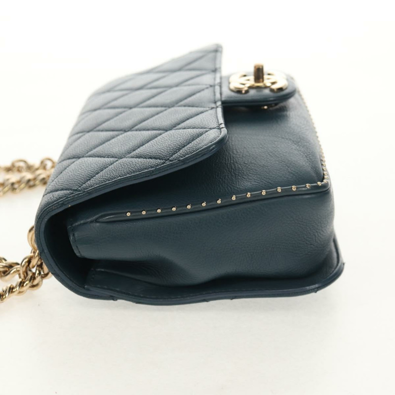 【日本直送】香奈兒 (CHANEL) 菱格紋鏈條肩背包,魚子醬紋皮革,藍色,金色雙C標誌,正品編號 143659AM-3