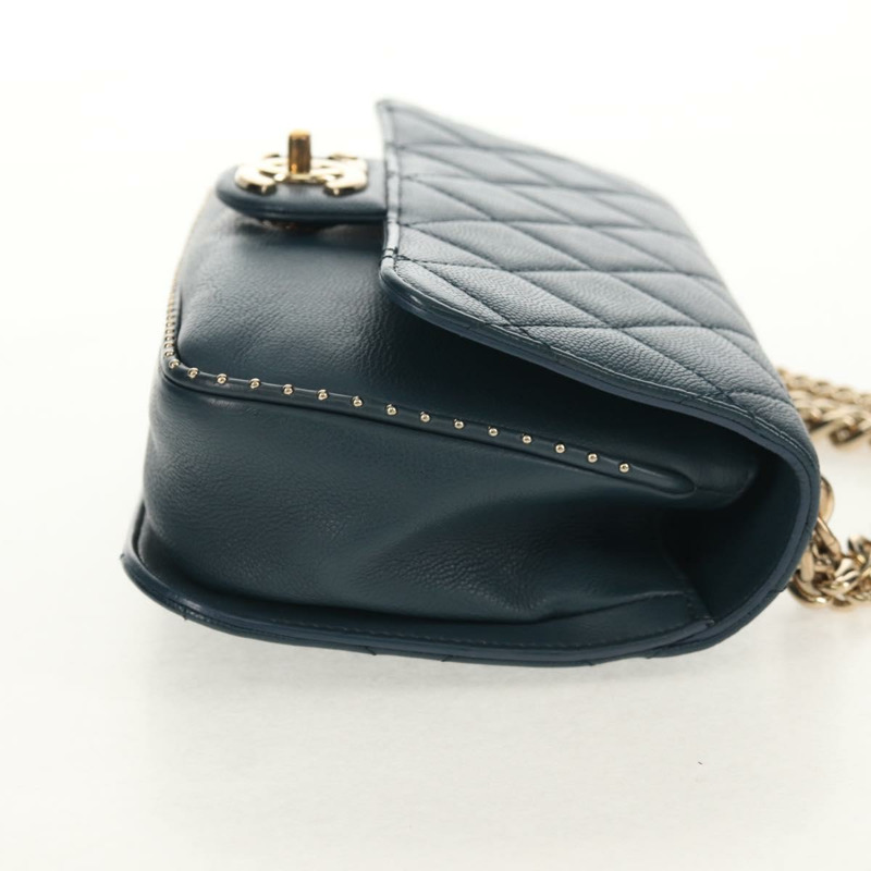 【日本直送】香奈兒 (CHANEL) 菱格紋鏈條肩背包,魚子醬紋皮革,藍色,金色雙C標誌,正品編號 143659AM-4