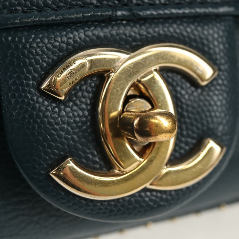 【日本直送】香奈兒 (CHANEL) 菱格紋鏈條肩背包,魚子醬紋皮革,藍色,金色雙C標誌,正品編號 143659AM-17