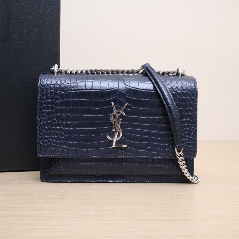 SAINT LAURENT SUNSET日落包中號22鱷魚壓紋黑色牛皮銀扣肩背包-0