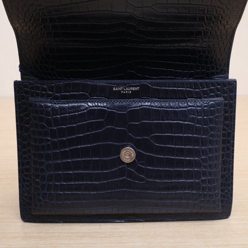 SAINT LAURENT SUNSET日落包中號22鱷魚壓紋黑色牛皮銀扣肩背包-2