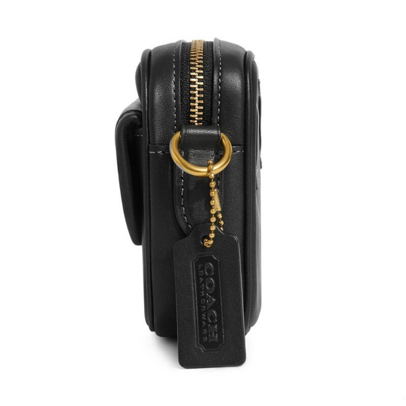 【COACH】素面皮革斜背腰包-黑色-2