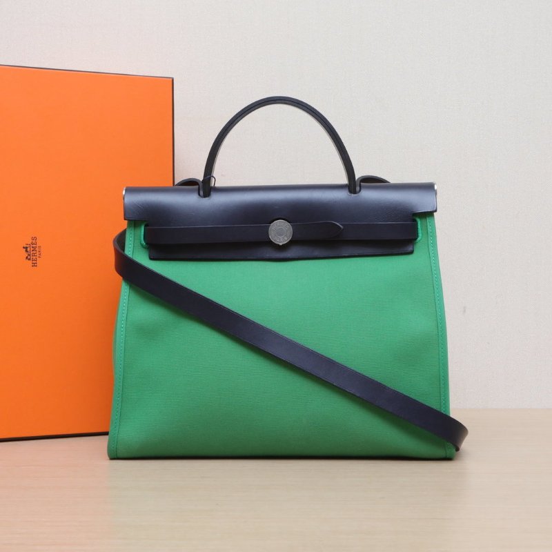 HERMES Herbag311K竹子綠拼7U海軍藍帆布/Hunter牛皮Z刻銀扣肩背包-0