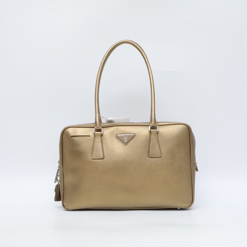 PRADA 金色牛皮普拉達prada手拎短肩帶金屬色盒子包底長31肩背包-1