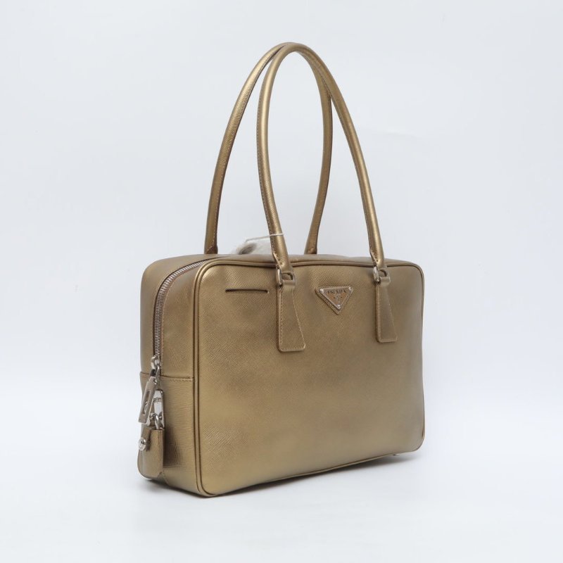 PRADA 金色牛皮普拉達prada手拎短肩帶金屬色盒子包底長31肩背包-3
