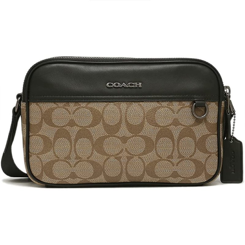 【COACH】滿版LOGO拼接皮革斜背包-卡其黑-0