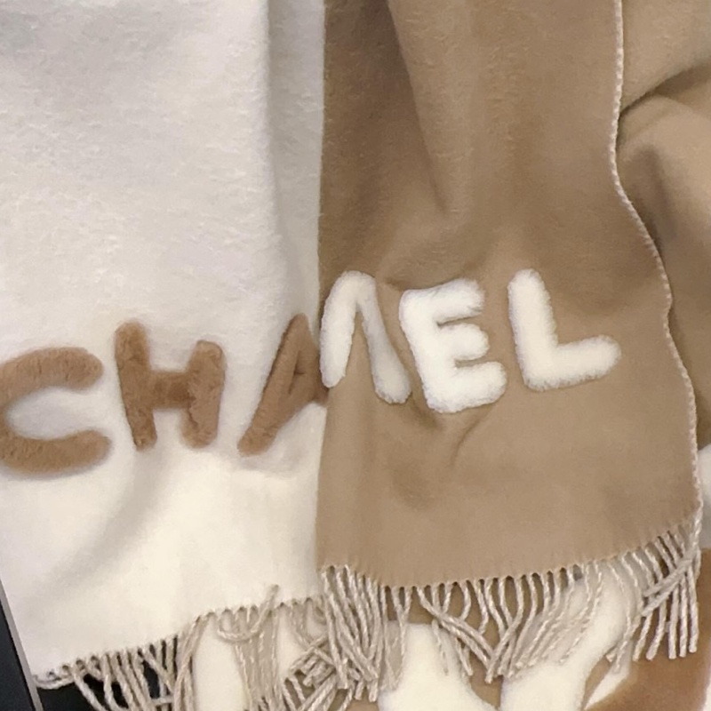 Chanel 米色 棕色 立體 logo 雙C 圍巾 披肩-3