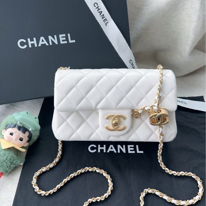 【配件:防塵袋 💕】Chanel 25B cf 大mini 白金 白色 金扣 雙c調節扣 肩帶可調節 羊皮 手提 單肩 斜挎-0