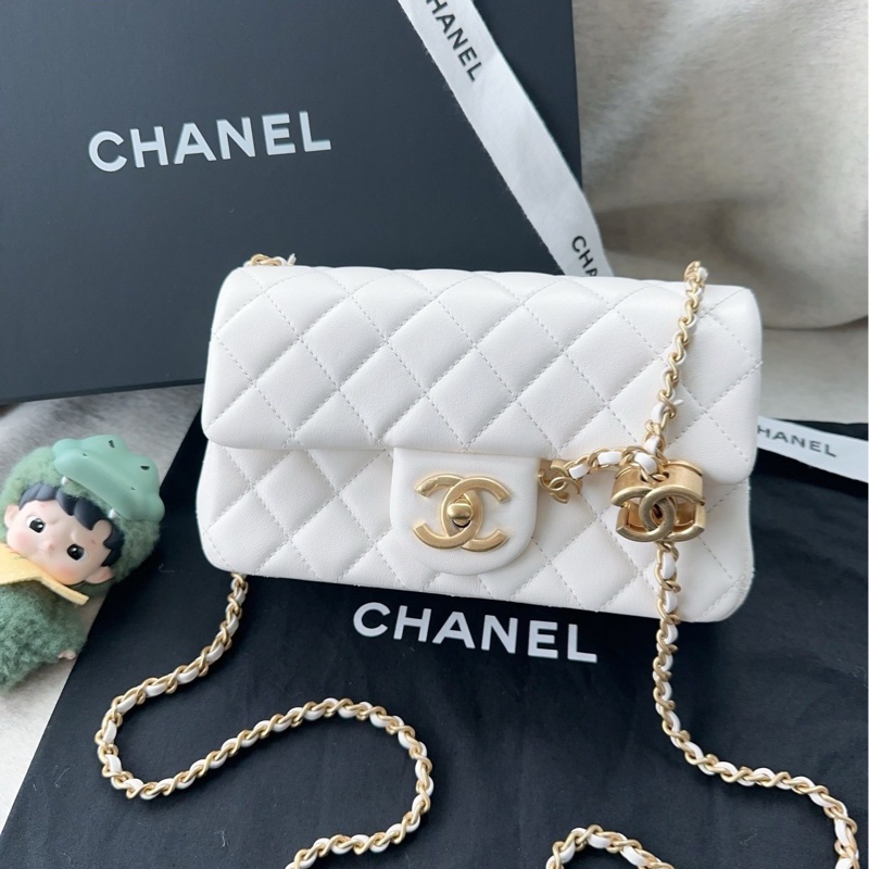 【配件:防塵袋 💕】Chanel 25B cf 大mini 白金 白色 金扣 雙c調節扣 肩帶可調節 羊皮 手提 單肩 斜挎-1