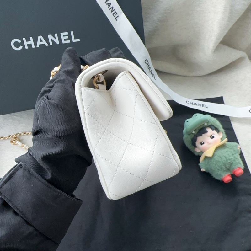 【配件:防塵袋 💕】Chanel 25B cf 大mini 白金 白色 金扣 雙c調節扣 肩帶可調節 羊皮 手提 單肩 斜挎-2