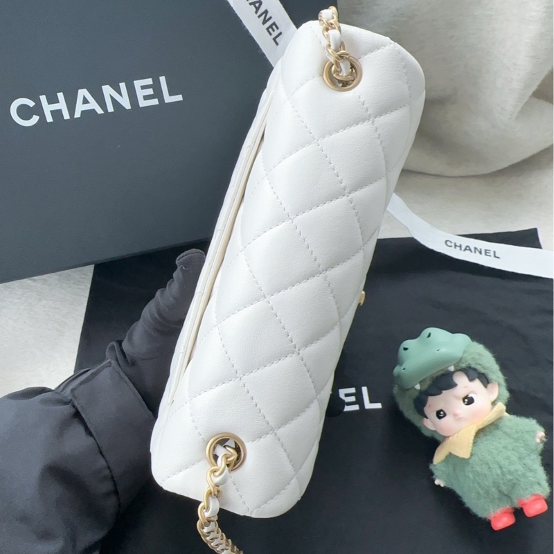 【配件:防塵袋 💕】Chanel 25B cf 大mini 白金 白色 金扣 雙c調節扣 肩帶可調節 羊皮 手提 單肩 斜挎-4