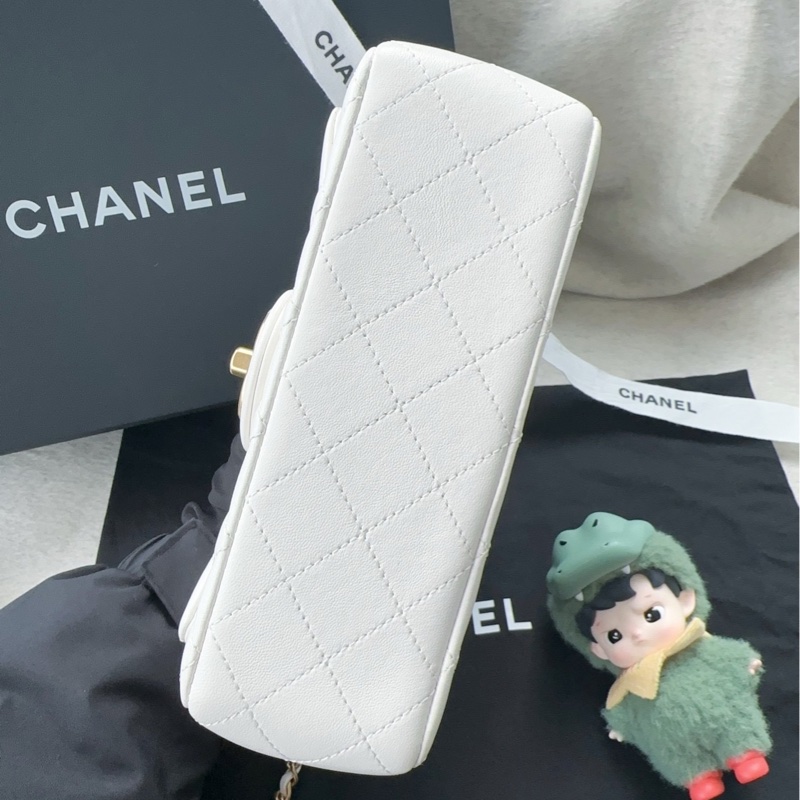 【配件:防塵袋 💕】Chanel 25B cf 大mini 白金 白色 金扣 雙c調節扣 肩帶可調節 羊皮 手提 單肩 斜挎-5