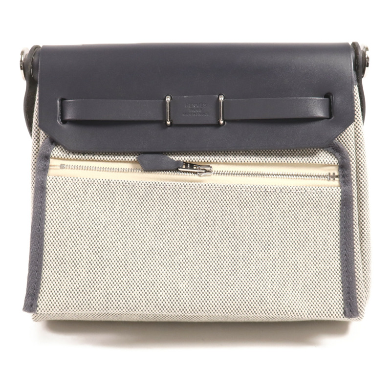 HERMES 帆布/皮革Mini Herbag銀扣肩背袋Ardoise-1
