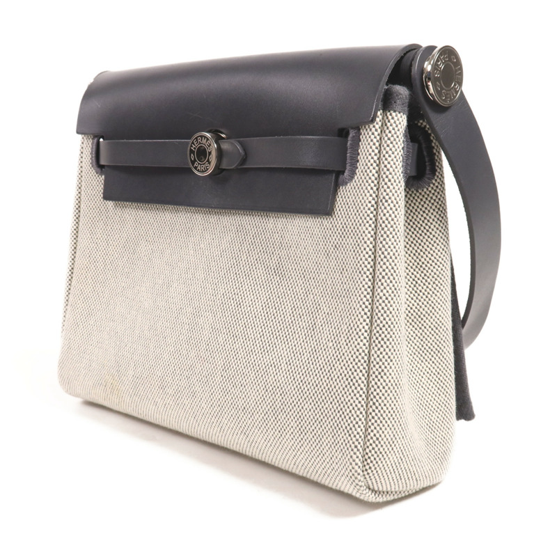 HERMES 帆布/皮革Mini Herbag銀扣肩背袋Ardoise-2