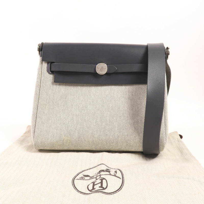 HERMES 帆布/皮革Mini Herbag銀扣肩背袋Ardoise-10