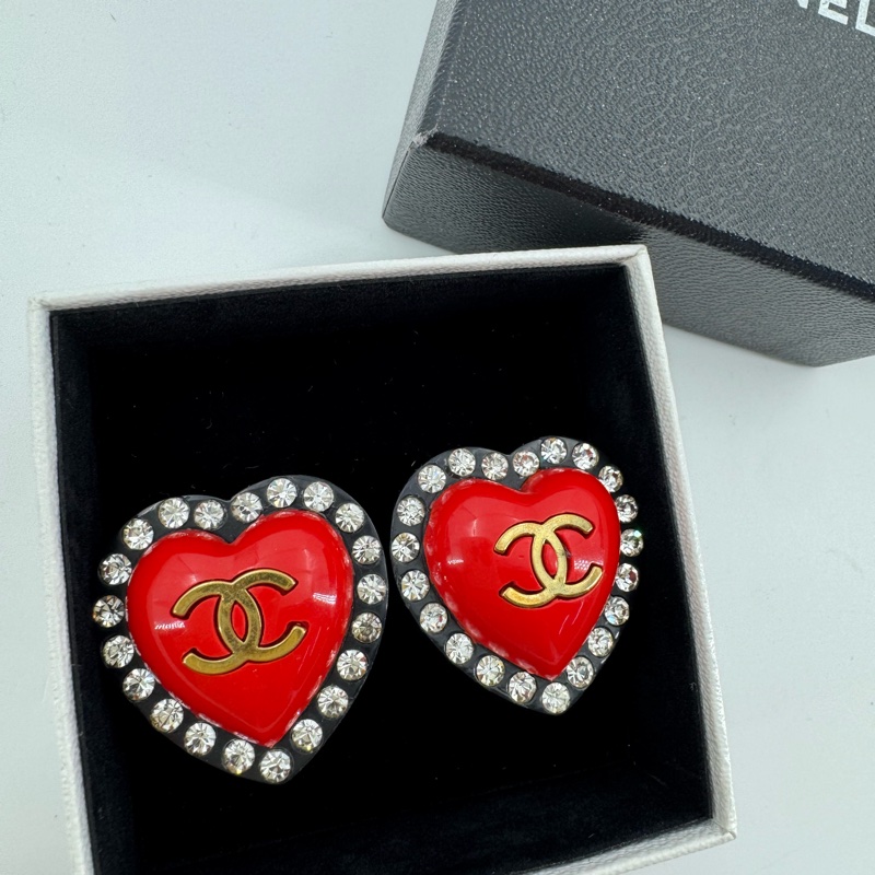 Chanel Vintage 95P 水鑽鍍金大愛心黑紅色耳環-1
