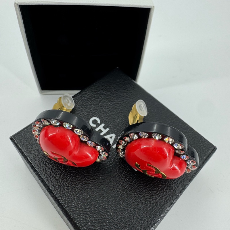 Chanel Vintage 95P 水鑽鍍金大愛心黑紅色耳環-2