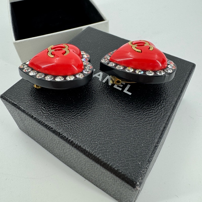 Chanel Vintage 95P 水鑽鍍金大愛心黑紅色耳環-4