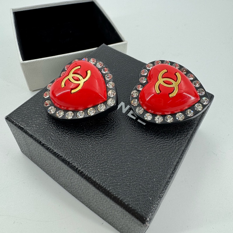 Chanel Vintage 95P 水鑽鍍金大愛心黑紅色耳環-5