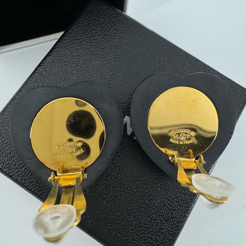 Chanel Vintage 95P 水鑽鍍金大愛心黑紅色耳環-6