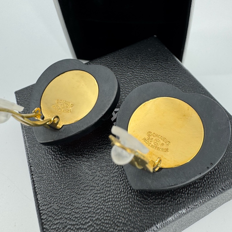 Chanel Vintage 95P 水鑽鍍金大愛心黑紅色耳環-7