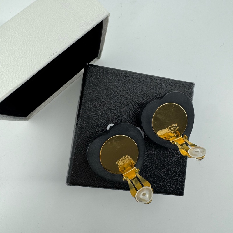 Chanel Vintage 95P 水鑽鍍金大愛心黑紅色耳環-8