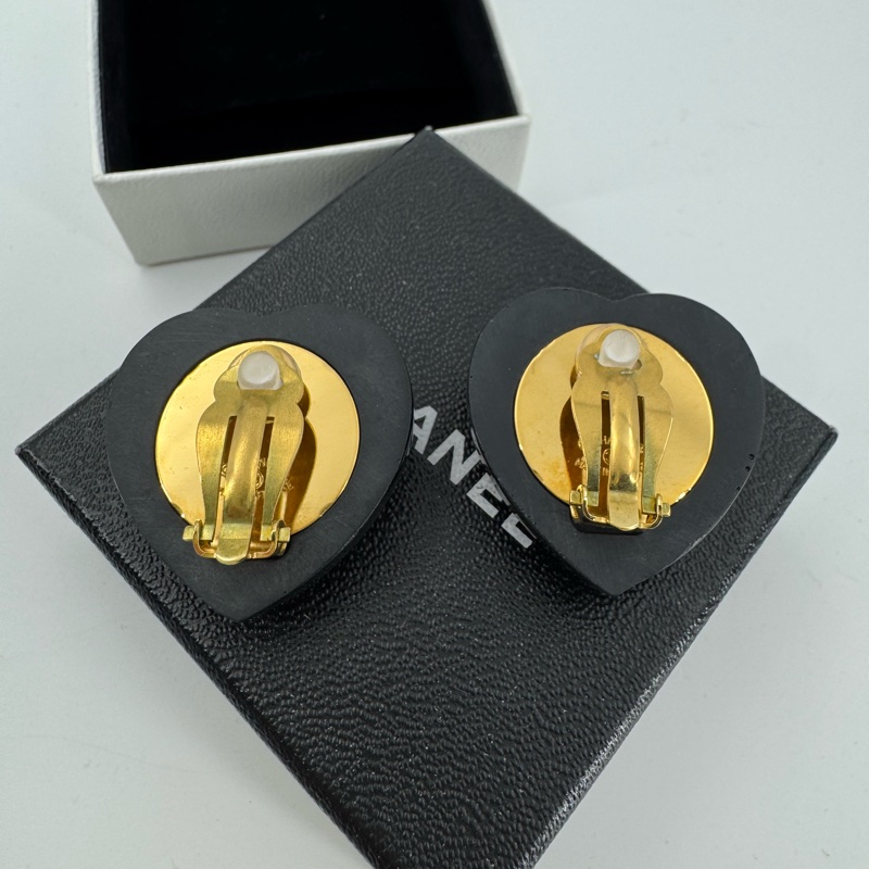 Chanel Vintage 95P 水鑽鍍金大愛心黑紅色耳環-9