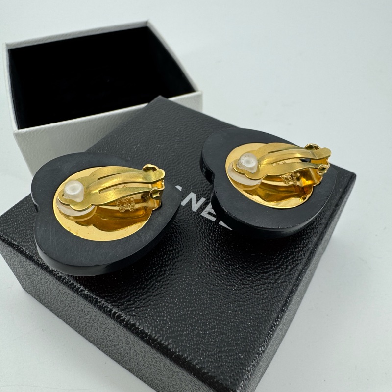 Chanel Vintage 95P 水鑽鍍金大愛心黑紅色耳環-10
