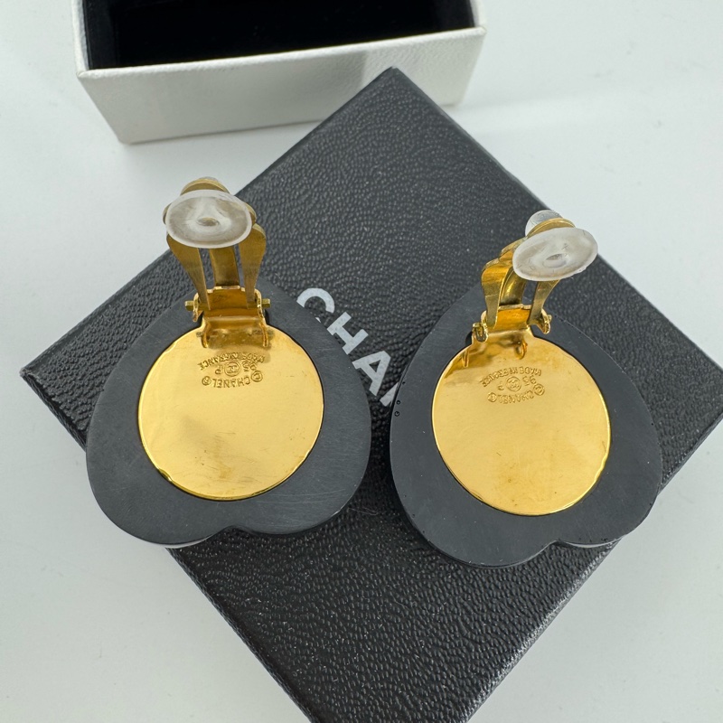 Chanel Vintage 95P 水鑽鍍金大愛心黑紅色耳環-11